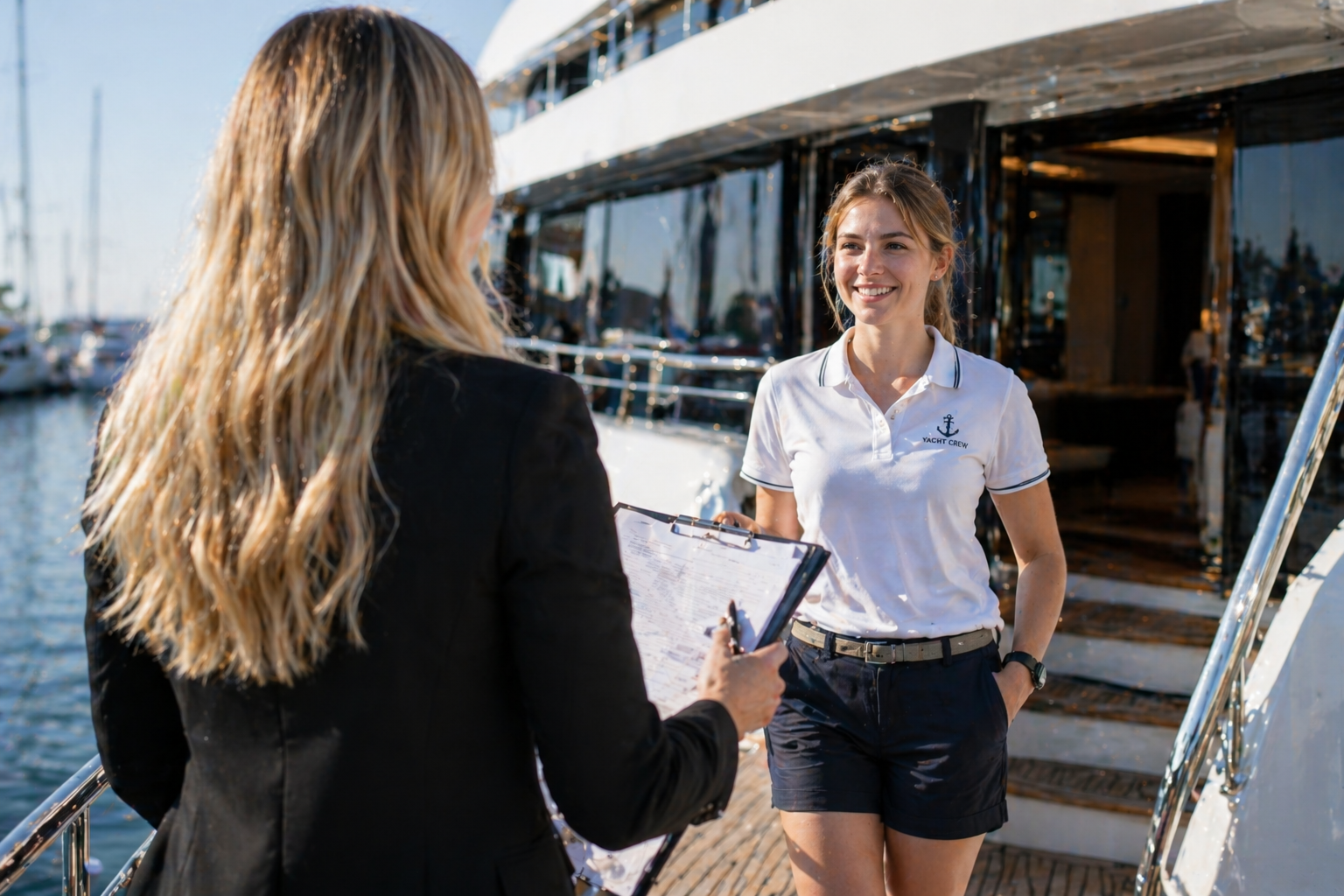 Confident young yacht crew member in white uniform