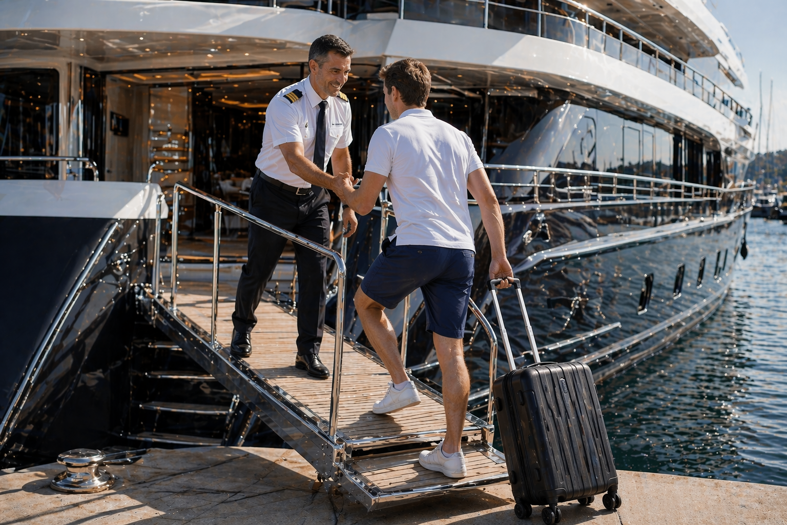 Luxury superyachts at sunrise in Mallorca harbor
